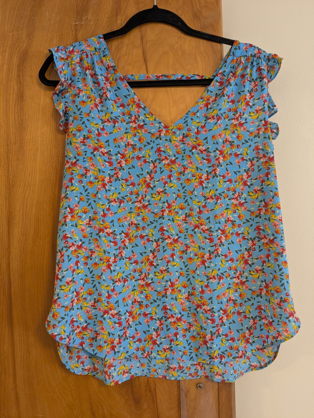 LOFT Blue Floral Cap-Sleeve V-Neck Blouse